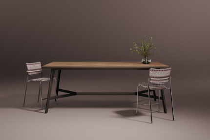 troupe steel leg table, companion steel chair