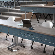 troupe steel leg table, simon nesting chair, inset power access