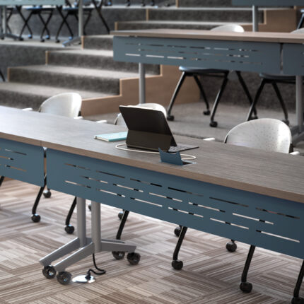 troupe steel leg table, simon nesting chair, inset power access