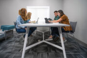 Troupe steel leg table, node power, quanta max chair