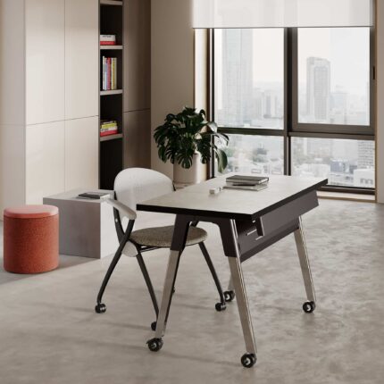 simon nesting chair, troupe steel leg table, geometrix corian occasional table, ollie storage stool