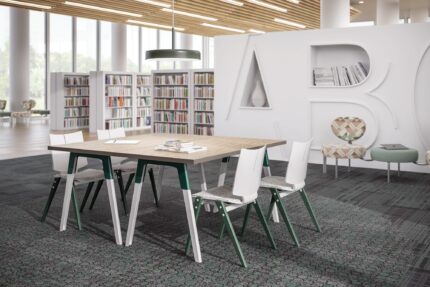 troupe steel leg table, quanta max chair, oh! seating system