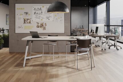 troupe steel leg table, quanta max chair, acrylic panel, companion chair