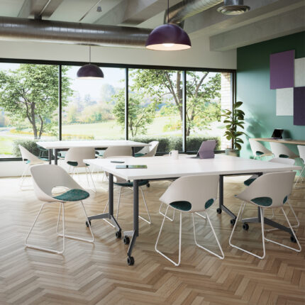 troupe steel leg table, nerita sustainable molded chair