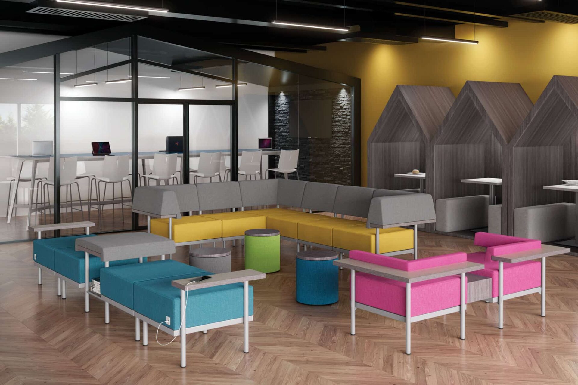 catwalk flexible seating system, odis storage stool, troupe table, quanta max chair, salt dual usb power, troupe steel leg table