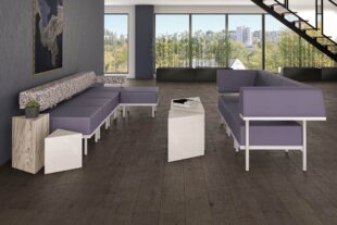 catwalk flexible seating system, GeoMetrix corian occasional table