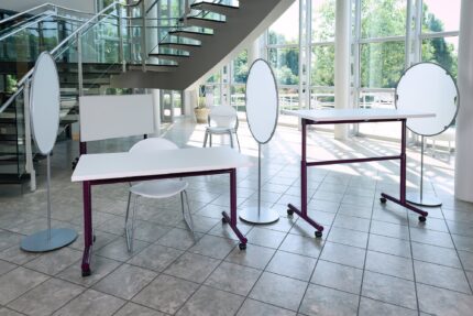 performance sky flip-top pneumatic table, chela american-made chair, oh! steel screen