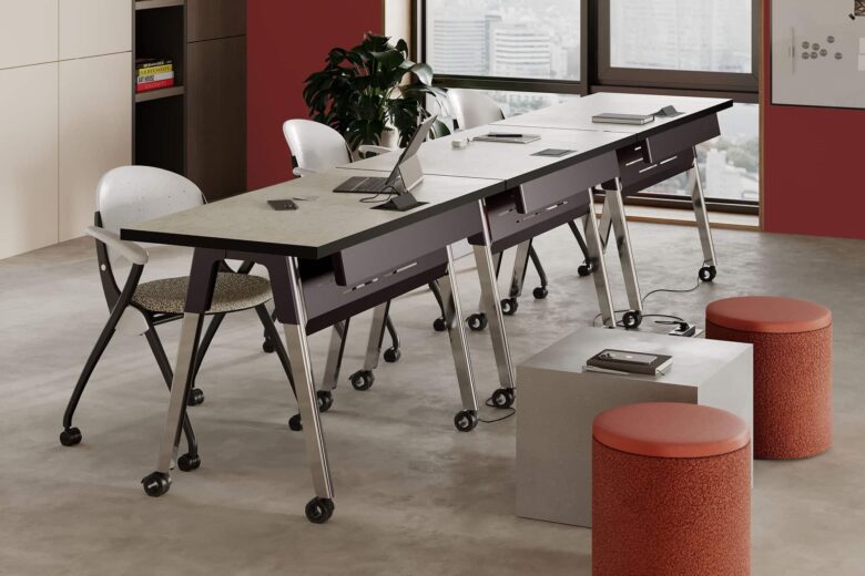 simon nesting chair, troupe steel leg table, geometrix corian occasional table, ollie storage stool, simon nesting chair