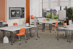 wavelink modular table, sate stacking chair, eliga whiteboard, equip adjustable height instructor furniture