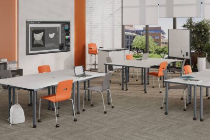 wavelink modular table, sate stacking chair, eliga whiteboard, equip adjustable height instructor furniture