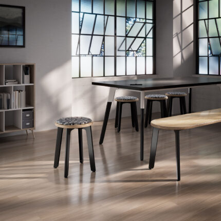 troupe steel leg table, troupe steel stool and bench