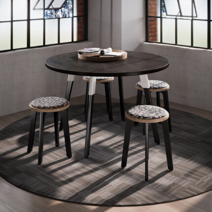 troupe steel leg table, troupe steel stool and bench