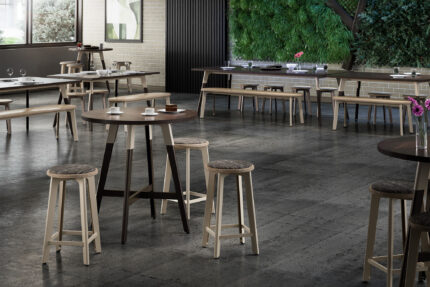 troupe steel leg table, troupe steel stool and bench