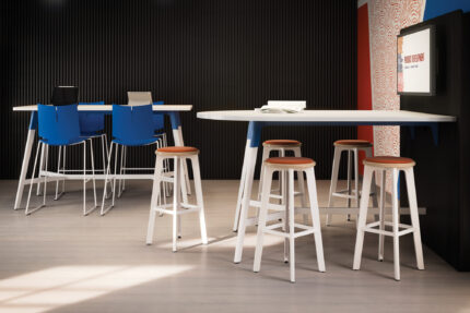 troupe steel leg table, troupe media wall, troupe steel stool and bench, quanta max chair
