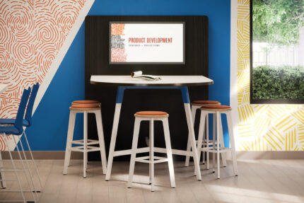 troupe media wall, troupe steel stool and bench