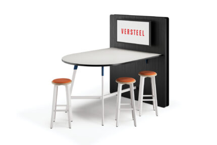 troupe media wall, troupe steel stool and bench