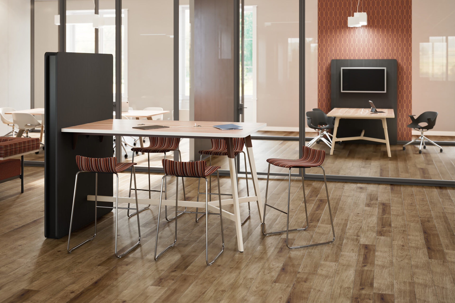 troupe media wall, zuri seating, node power, nerita poly shell chair