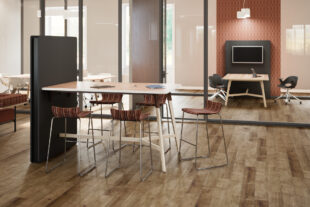troupe media wall, zuri seating, node power, nerita poly shell chair