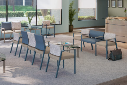 socius healthcare lounge chair, curvare glass occasional table