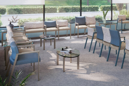 socius healthcare lounge chair, curvare glass occasional table
