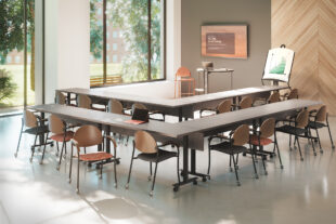 skware mobile training table, interplay rover mobile station, looksee whiteboard, companion american-made chair