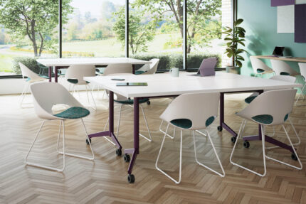 troupe steel leg table, nerita sustainable molded chair