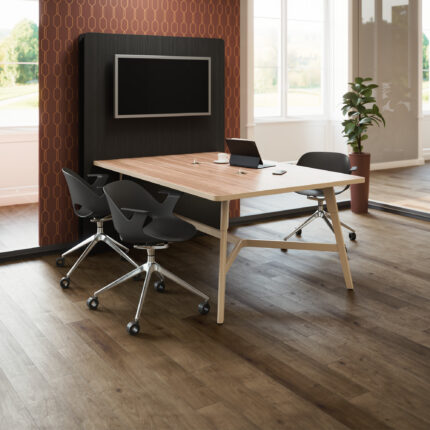 Troupe media wall collaboration furniture, nerita poly shell chair, node power