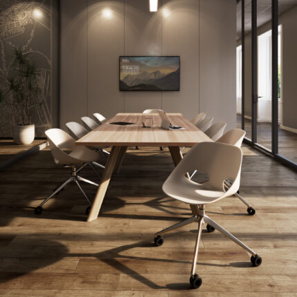 paces training conference table, nerita poly shell chair, power access