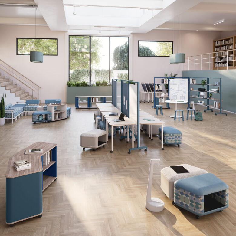 rollic mobile furniture, deci table, rai steel stool, vesta power