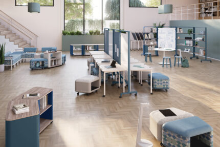 Rollic mobile furniture collection, Catwalk seating, Rai seating, Deci table, and Vesta in a large commons area