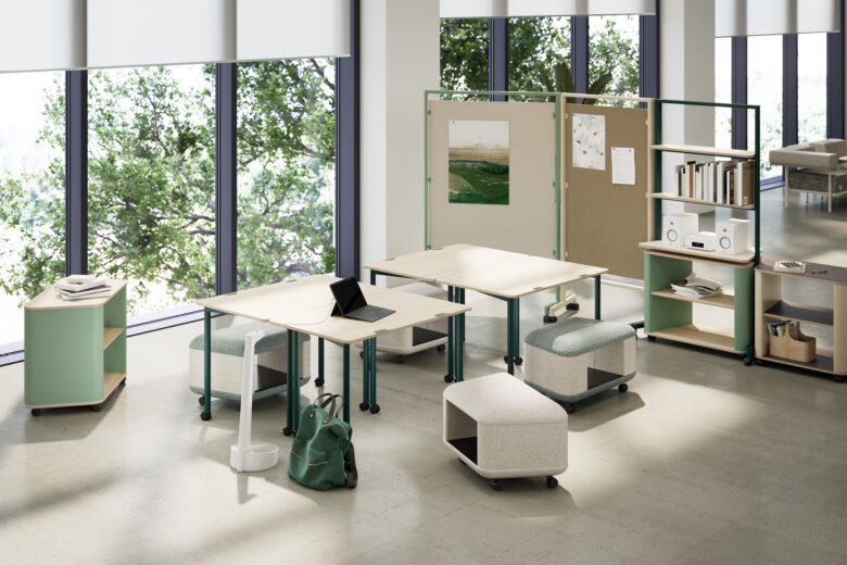 Rollic mobile furniture in a large, multi-purpose space