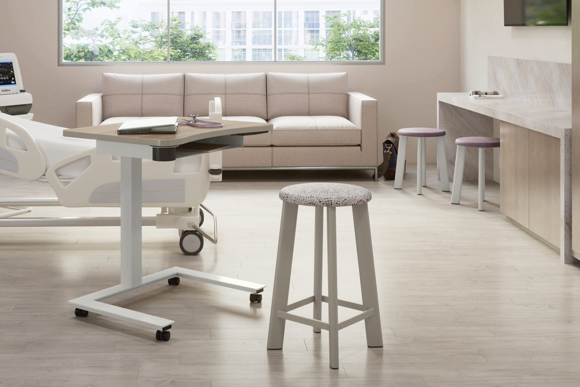 darby adjustable height table, rai steel healthcare stools